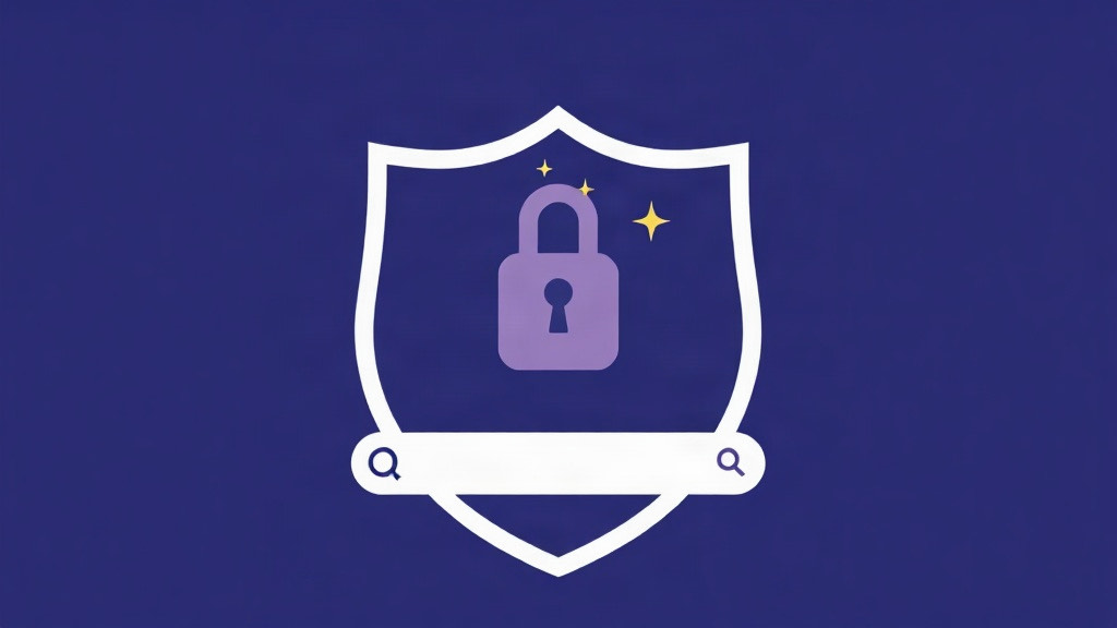 A blank search field tile beside four abstract engine chips on midnight indigo, illustrating a custom search engine in a private browser