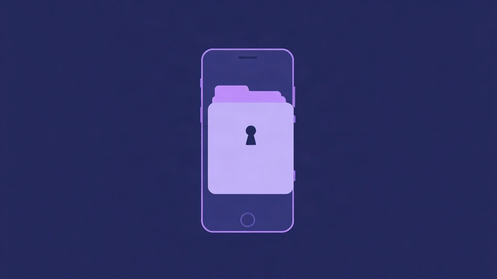 A small vault door with a keyhole on a phone silhouette, blank file tiles going in