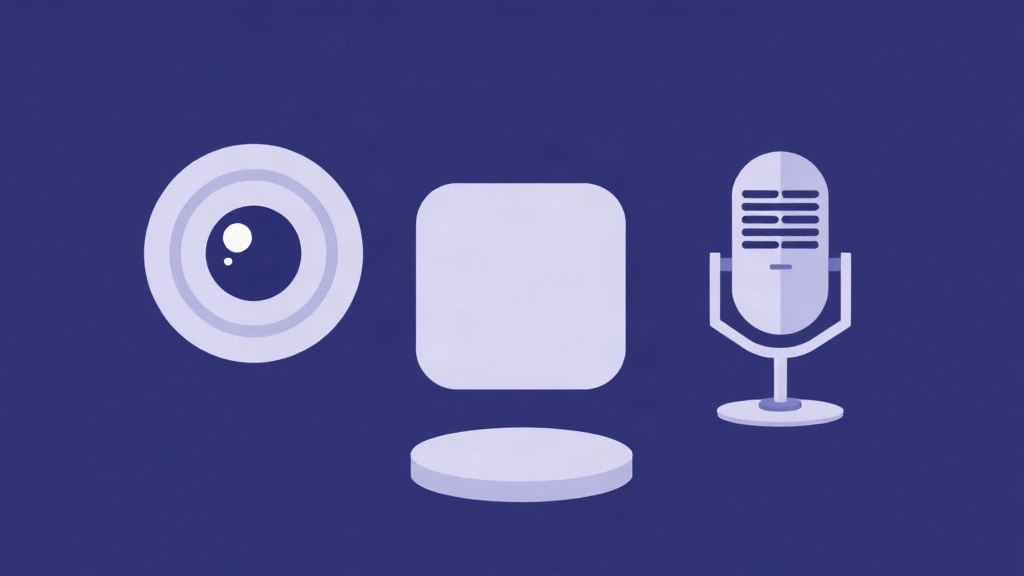 Abstract camera and microphone glyphs beside a site tile, illustrating per-site permissions