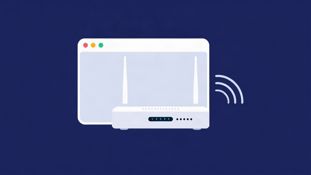 A blank browser frame and a simple router shape on midnight indigo, illustrating that workplace Wi-Fi still sees destinations